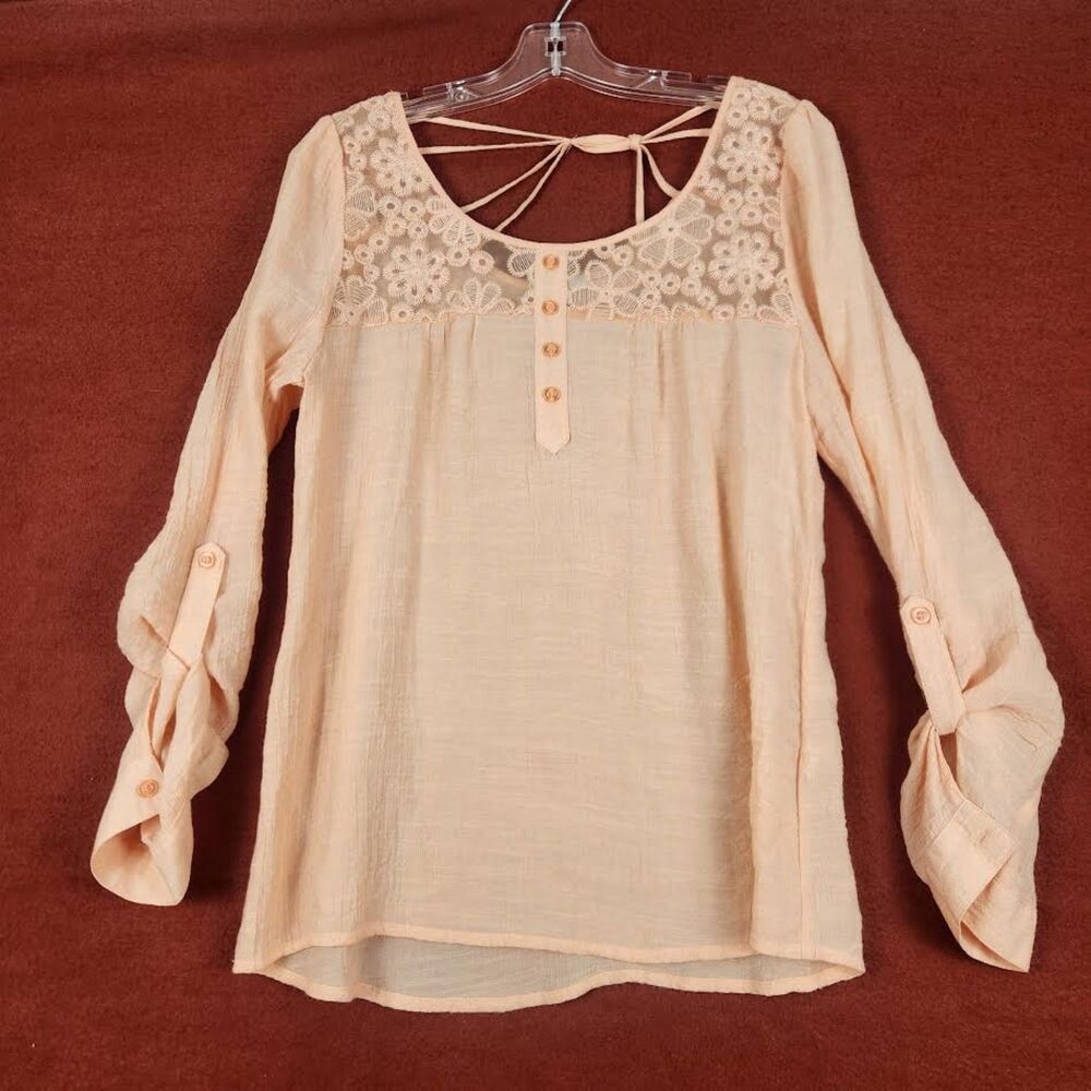 Mine Women's Peach Bobo-Style Top Size L Hippie Colquette Cottage Retro